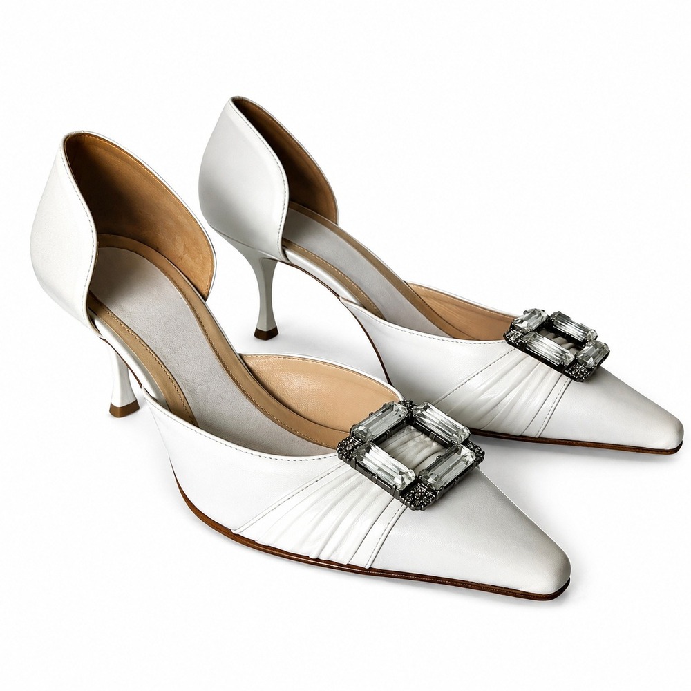 Lindsay Perry Made in Italy White Leather Jeweled D'Orsay Pumps Heels 36.5  US 6